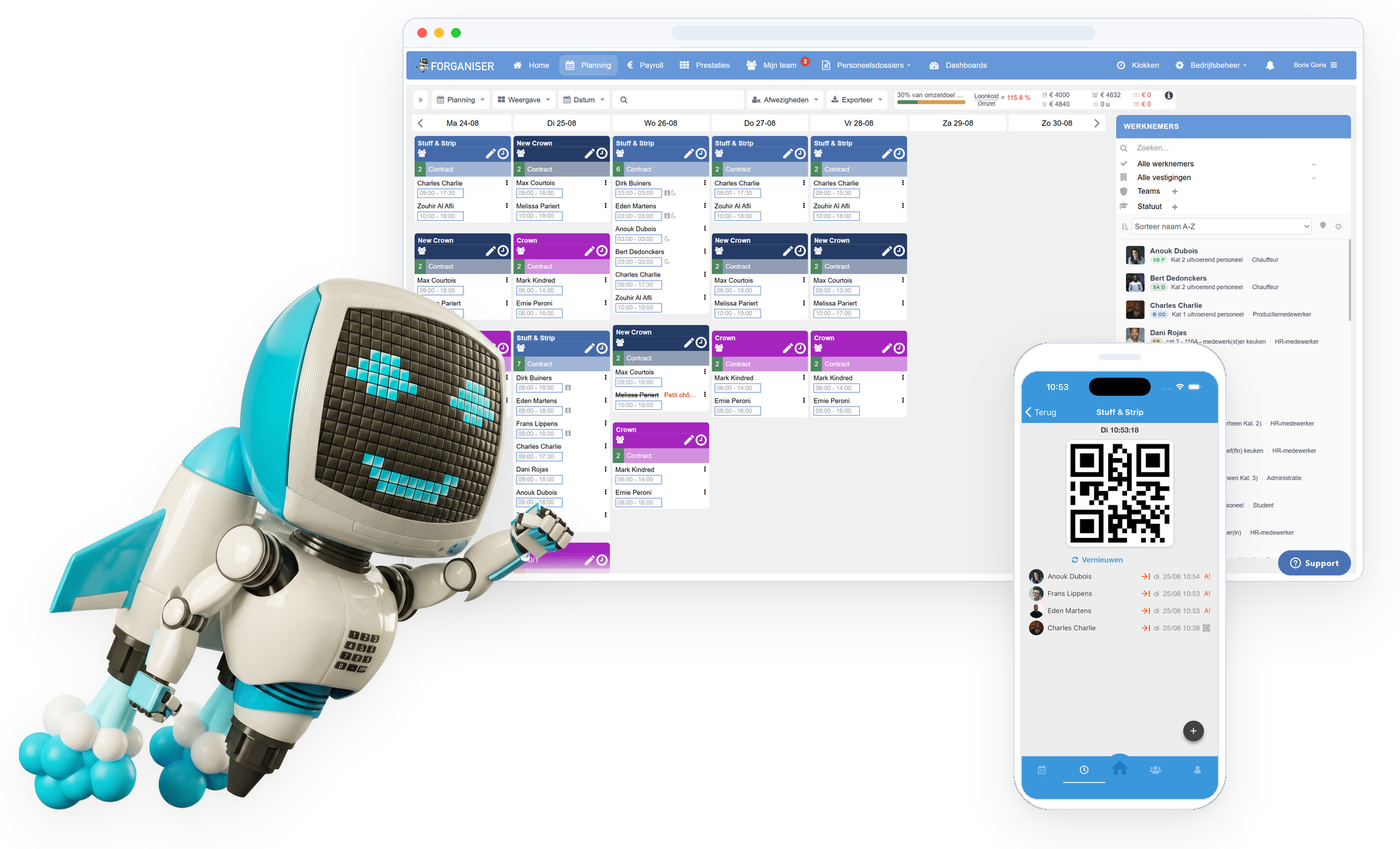 Forgi de robot bij een Forganiser-planningsscherm